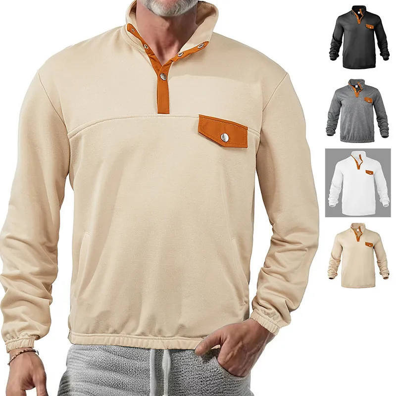 Men's Casual Stand Collar Long Sleeve Ribbed Corduroy Sweatshirt Contrast Color Pocket Pullover Loose Top For Autumn Spring
