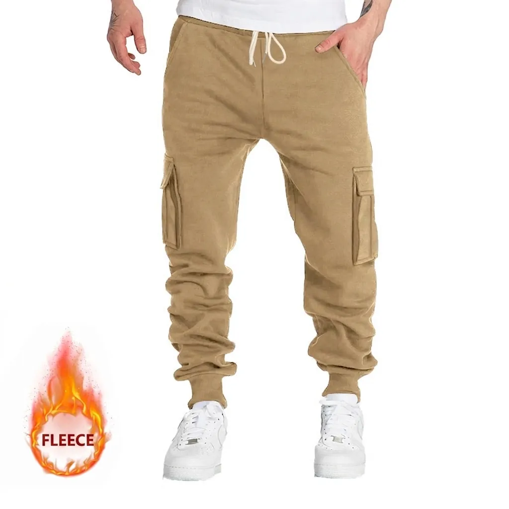 Men Fleece Lined Cargo Jogger Pants Slim Fit Multi Pocket Tapered Sweatpants Casual Solid Color Winter Bottom