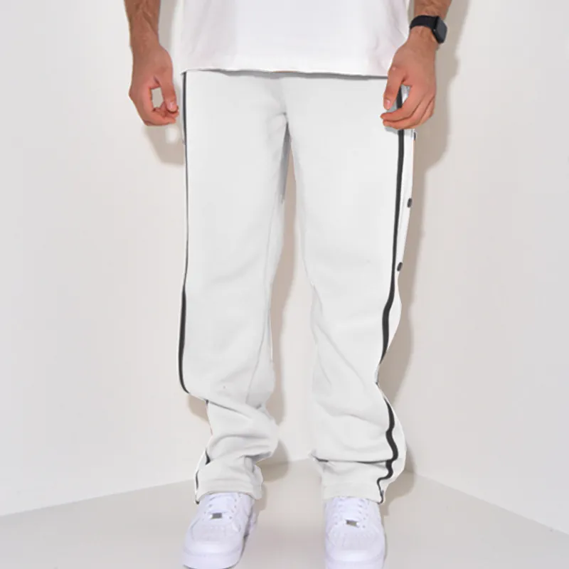 Men's Casual Sports Pants Polyester Blend Side Snap Button Straight Leg Loose Sweatpants With Side Stripes Fashion Bottom