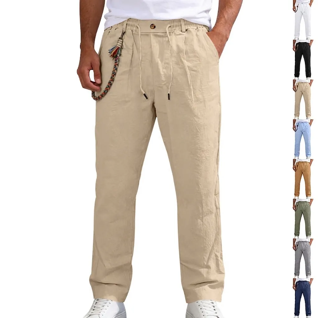 Pantalon Décontracté en Lin pour Hommes Léger Respirant Cordon de Serrage Taille Élastique Jambe Droite Mode Été