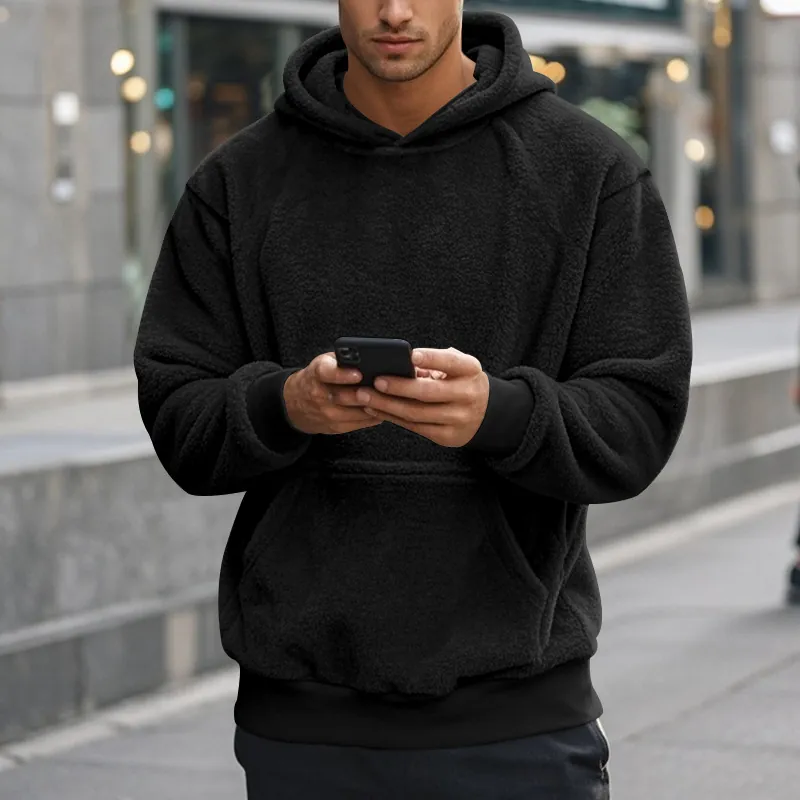 Men's Oversized Fleece Pullover Hoodie Solid Color Sherpa Texture Sweatshirt Casual Loose Fit Long Sleeve Pocket Top