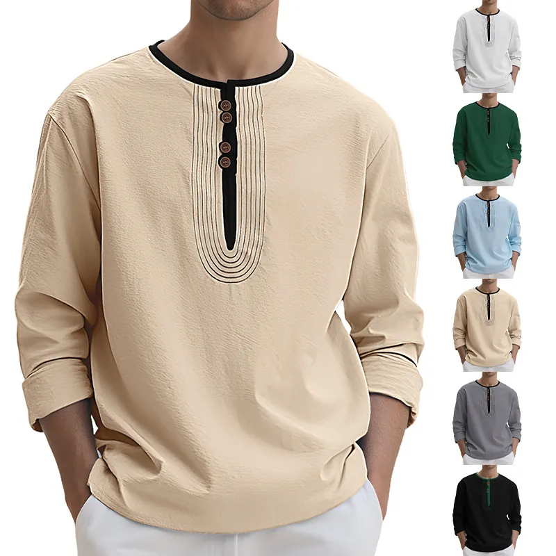 Men's Casual Linen Henley T-Shirt Long Sleeve Retro Chinese Style Solid Color Breathable Loose Fit Button Neck Top Clothing