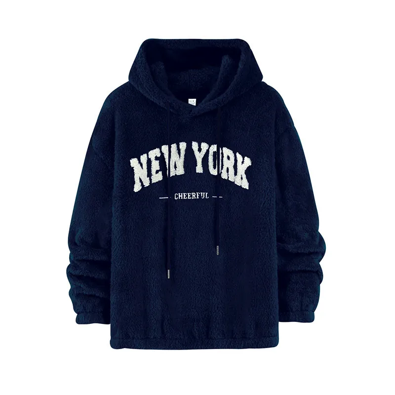 Felpa con Cappuccio da Uomo con Ricamo a Lettere Americane in Pile Caldo Pullover in Poliestere a Manica Lunga