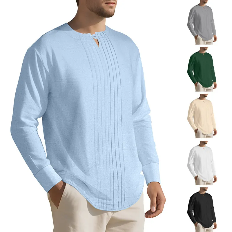 Men's Vintage Linen Polyester Henley Shirt Long Sleeve Pintuck Pleated Solid Color Casual Spring Autumn Woven Top For Daily Vacation