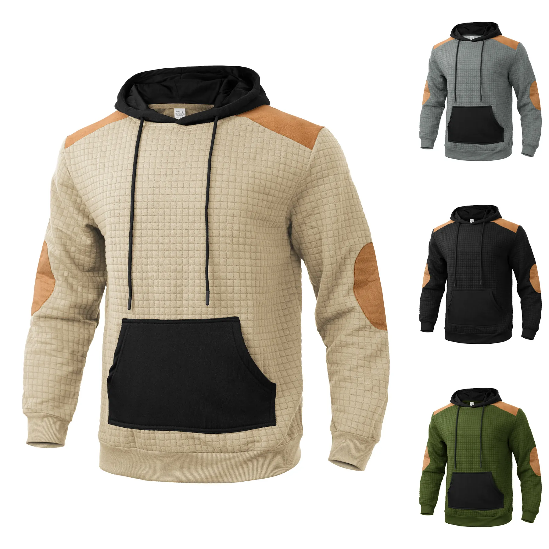 Men's Casual Hooded Sweatshirt Waffle Texture Color Block Patchwork Pullover Long Sleeve Top