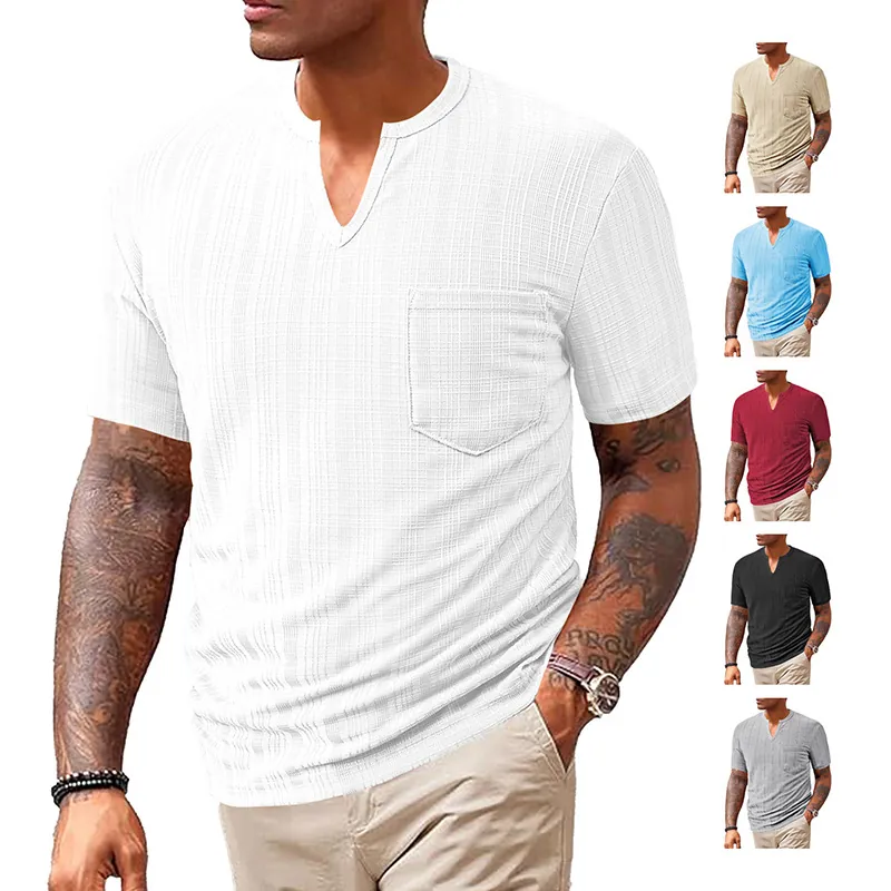 Men's Summer Fashion V-Neck Henley T-Shirt Slim Fit Short Sleeve Textured Pullover Top With Chest Pocket