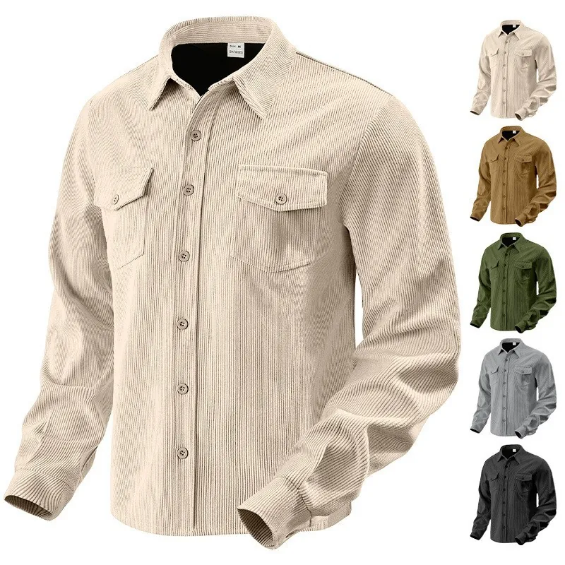 Men's Corduroy Workwear Jacket Polyester Warm Windproof Lapel Button Down Shirt Jacket Long Sleeve Top For Autumn Winter