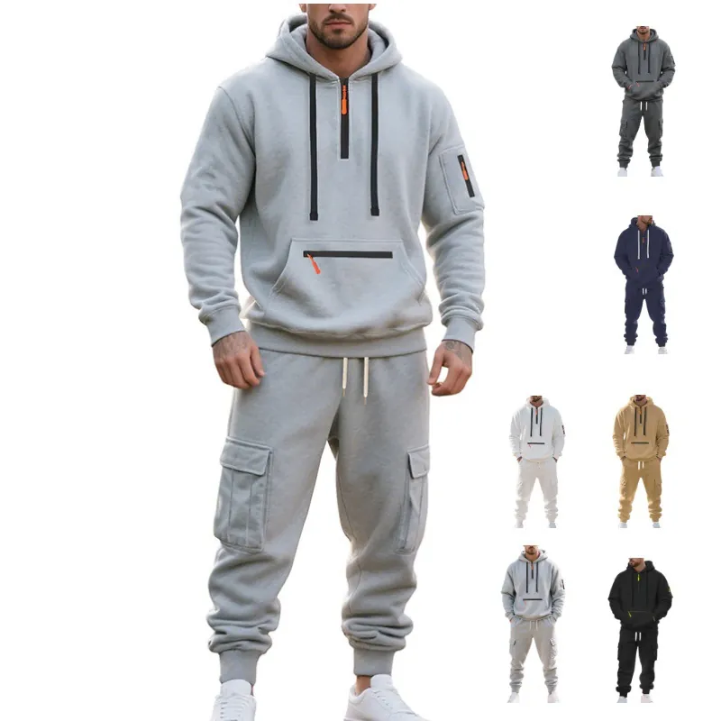 Survêtement Homme Deux Pièces Sweat à Capuche Et Pantalon Cargo Couleur Unie Chaud Haut Et Bas