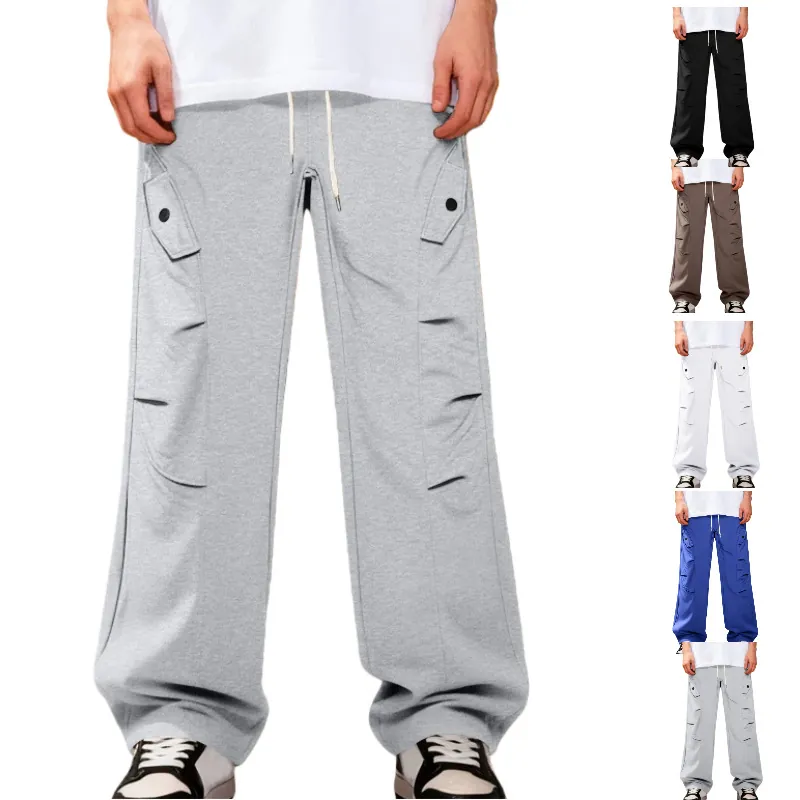 Pantaloni Sportivi da Uomo Casual Gamba Dritta Vestibilità Larga Increspati Cargo Joggers Con Tasche Coulisse Streetwear Americano Hip Hop