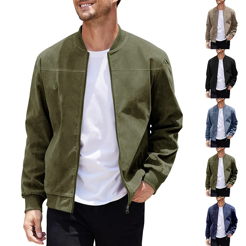 Men Business Casual Faux Suede Bomber Jacket Stand Collar Long Sleeve Zip Up Coat Solid Color Autumn Winter Outerwear