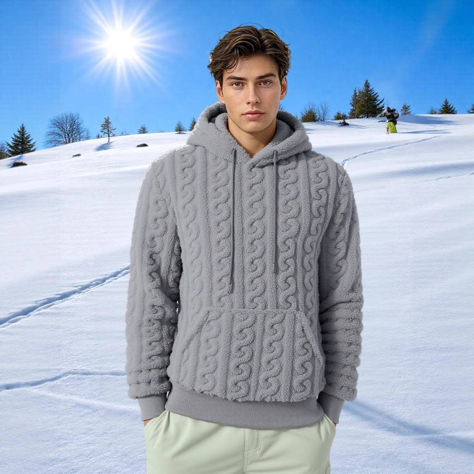 Men's Autumn Winter Warm Cable Knit Hooded Sweatshirt Double Sided Fleece Loose Pullover Kangaroo Pocket Top
