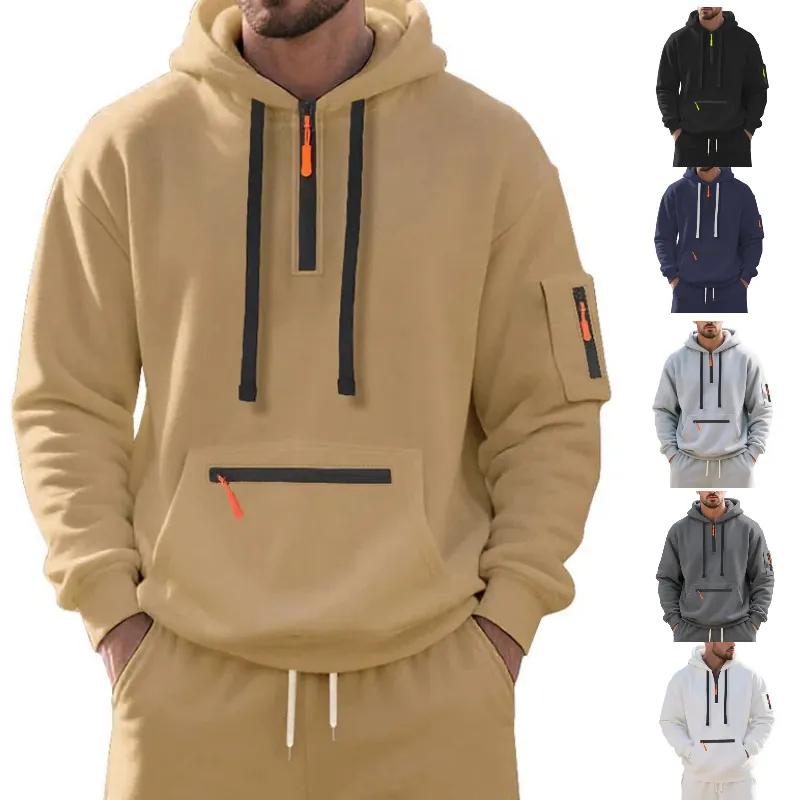 Sweat à Capuche en Polaire Épaissi pour Hommes Sweat Décontracté Sport avec Multi Poches Zippées Sweat Chaud d'Hiver