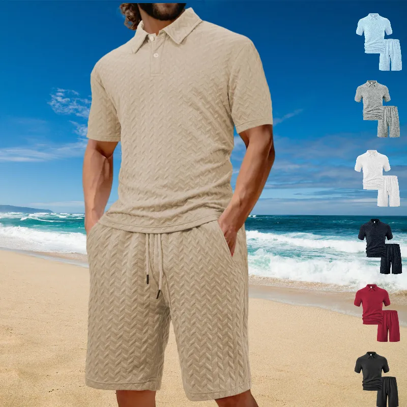 Men's Summer Casual Suit Set Polyester Jacquard Polo Shirt And Shorts Top And Bottom Sporty Fashion Outfit For Men