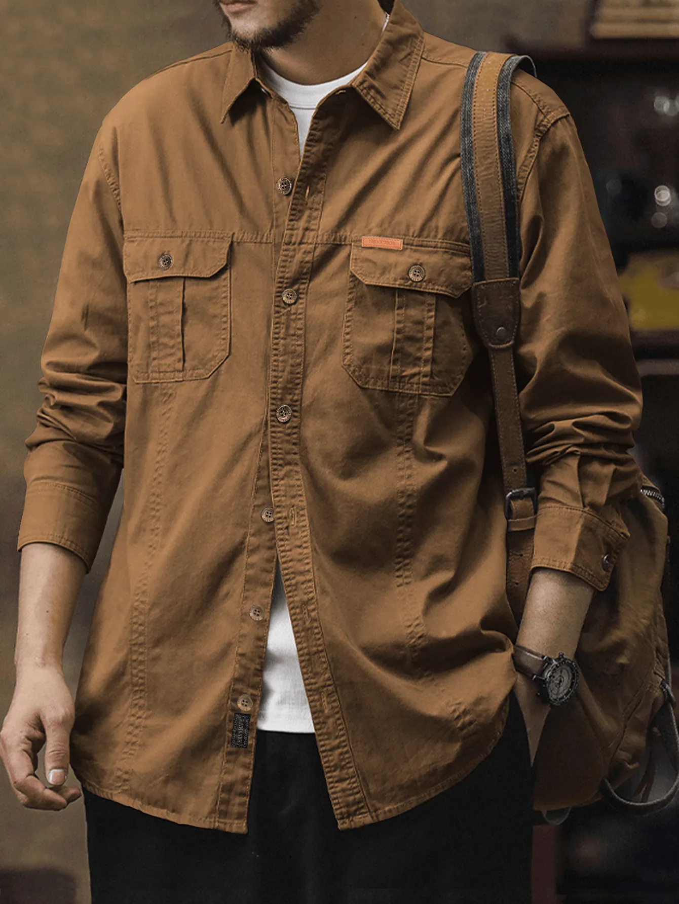 Chemise à Manches Longues Men's American Retro Workwear Décontracté Multi-Poches Coton Boutonnée Col Rabattu Pour Printemps Automne