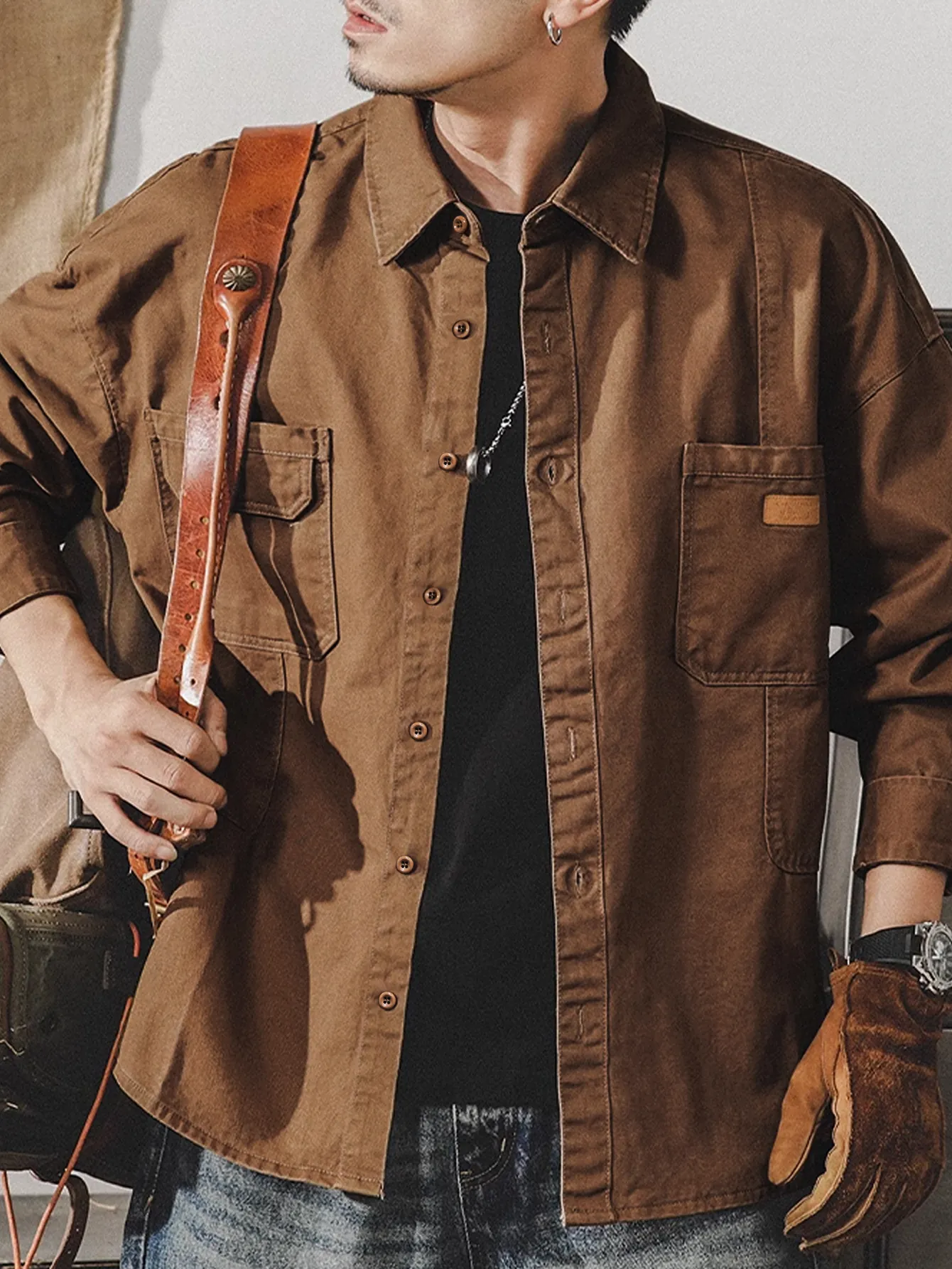 Men's Vintage Military Style Work Shirt Cotton Long Sleeve Multi Pocket Casual Safari Jacket Top