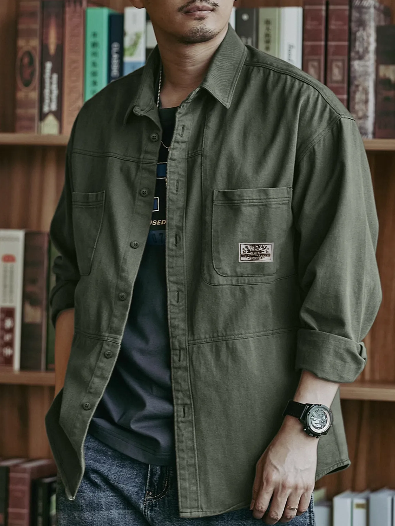 Men's Vintage Workwear Cotton Shirt Casual Loose Fit Long Sleeve Lapel Top Solid Color Non-Iron Jacket For Daily Commute