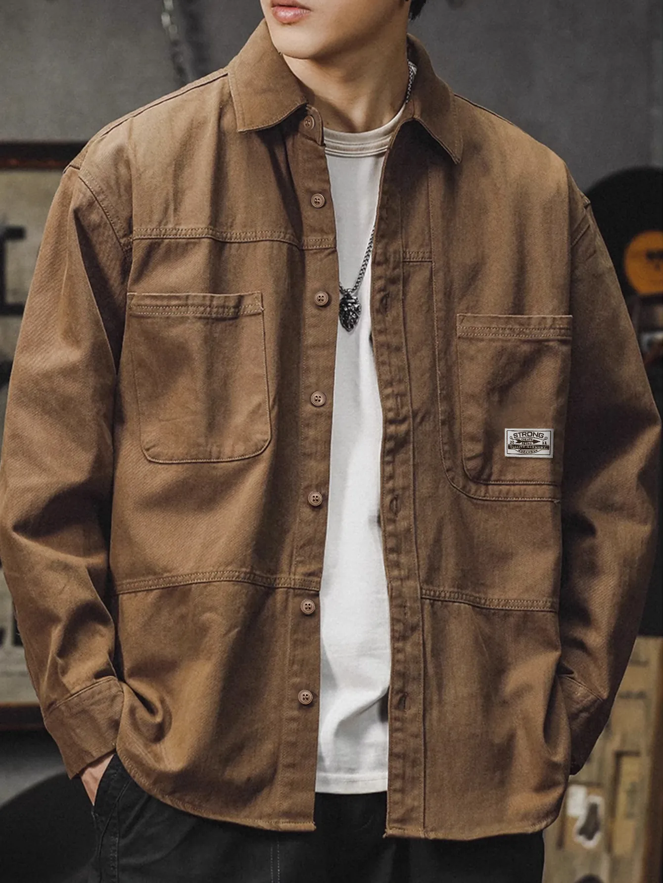 Men American Retro Workwear Long Sleeve Shirt Pure Cotton Washed Utility Top Solid Color Turn Down Collar Casual Clothing