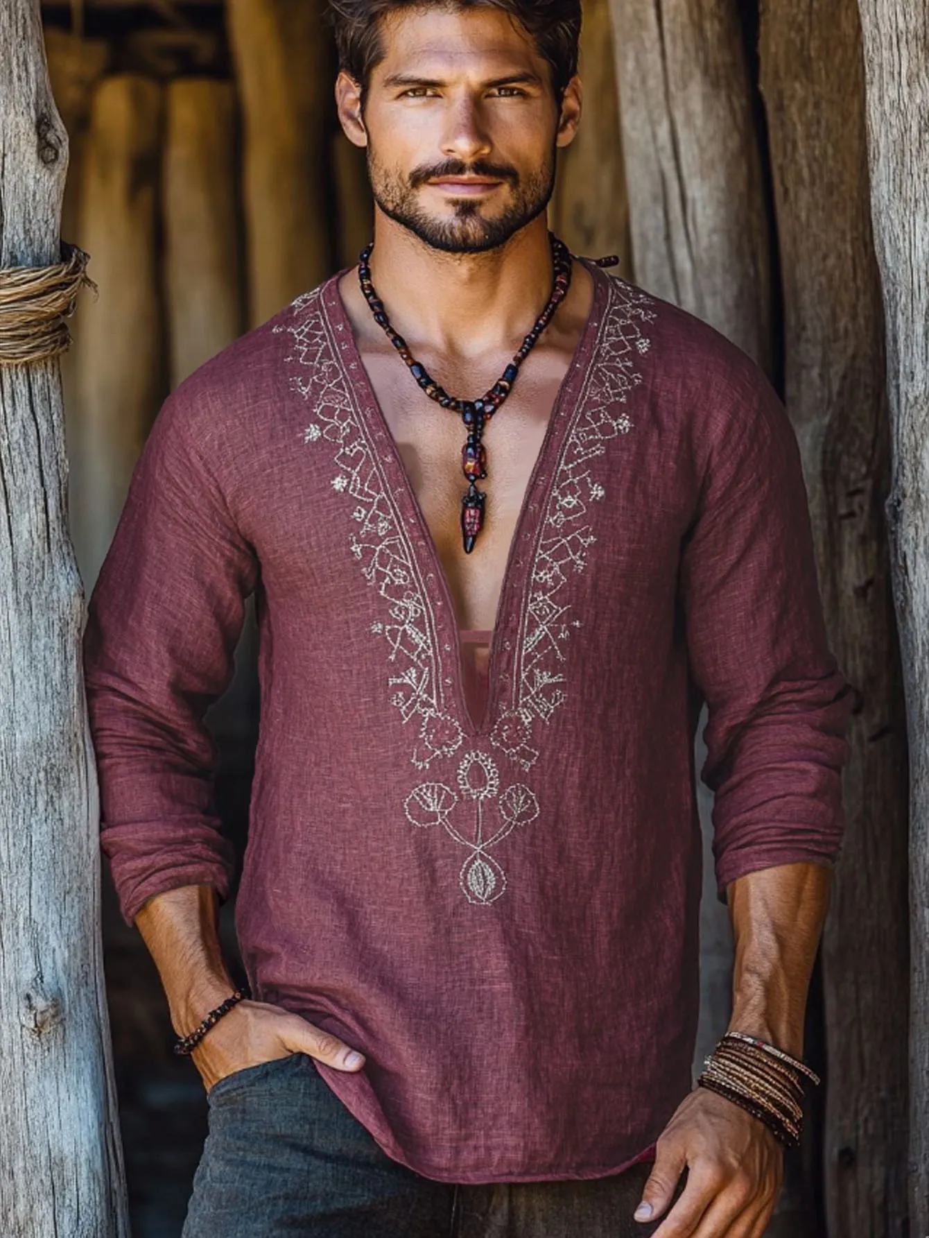 Men's Casual Long Sleeve Shirt V-Neck Lightweight Breathable Embroidered Summer Top Loose Fit Cotton Shirt