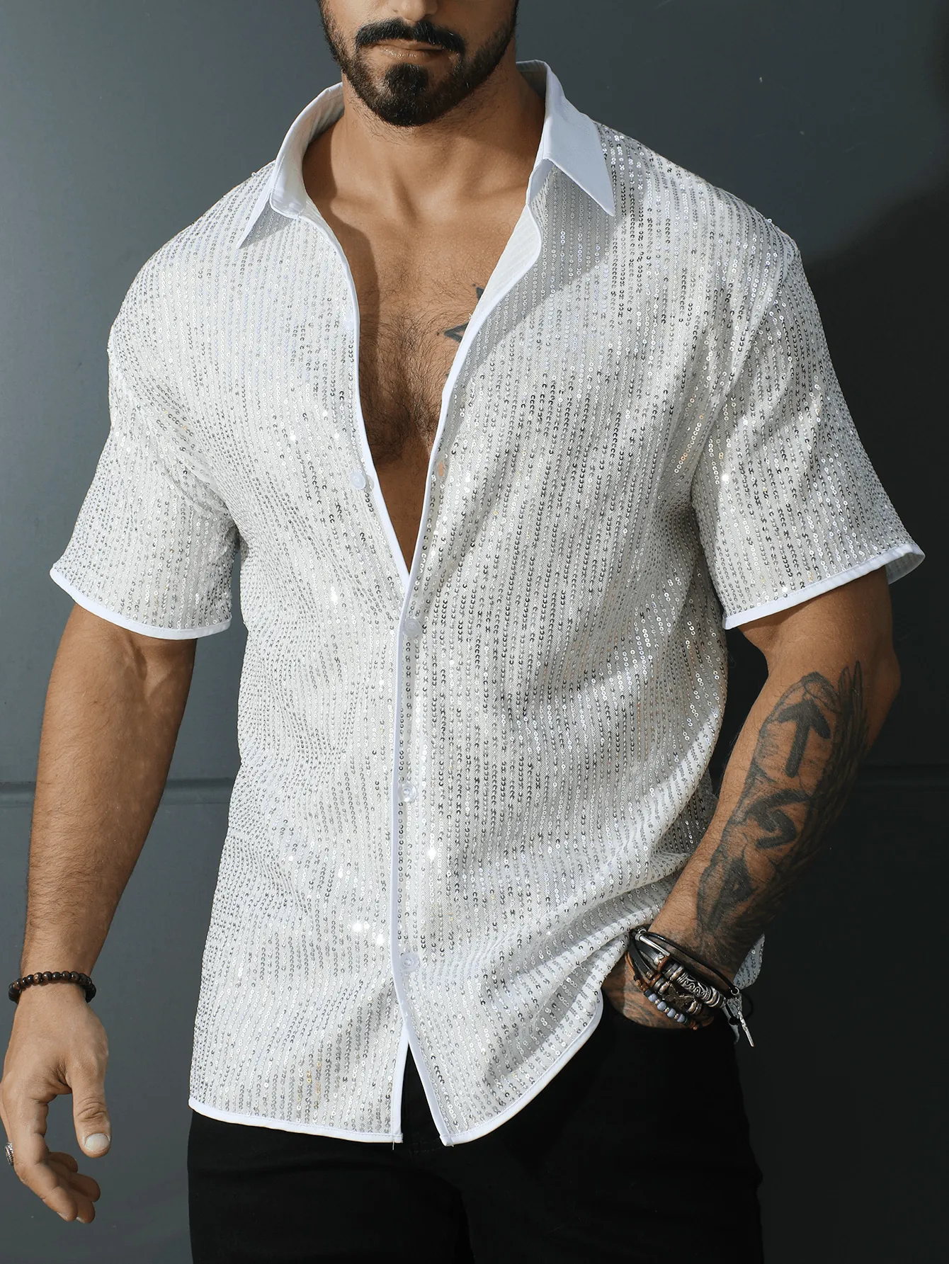 Camicia a Maniche Corte con Paillettes Vintage da Uomo Top Lucido e Scintillante per Disco Party Nightclub Stage Performance