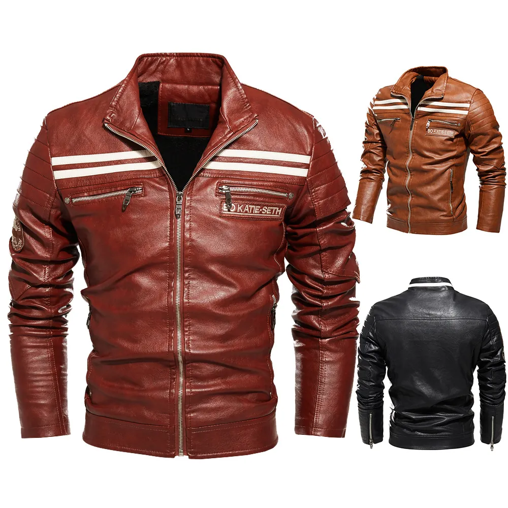 Men's Faux Leather Motorcycle Jacket With Contrast Stripes Stand Collar Fleece Lined Winter Biker Coat Slim Fit Outerwear