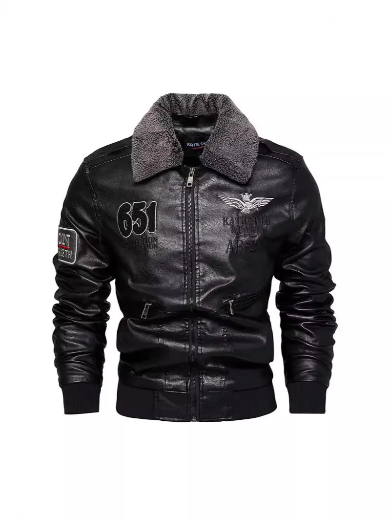 Herren Winter PU-Lederjacke mit Fleece-Futter Kunstpelzkragen Mode Pilot Bomberjacke Lässig Bestickter Outdoor-Mantel