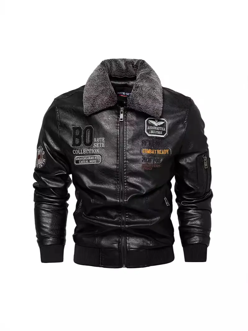 Men PU Leather Jacket Western Biker Bomber Outerwear Faux Fur Collar Fleece Lined Warm Coat With Embroidered Badges Winter