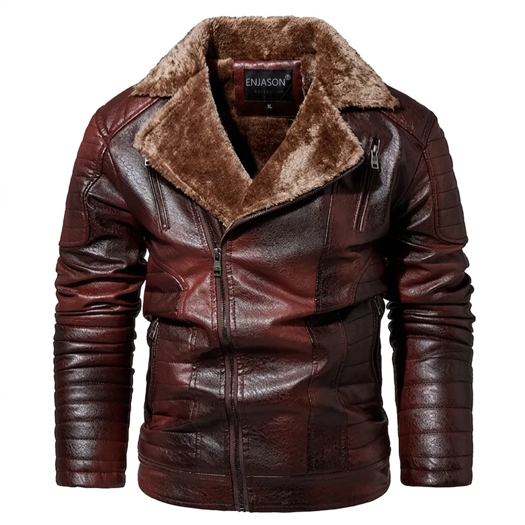 Giacca di Pelle PU da Uomo Invernale Foderata in Sherpa Calda Colletto in Pelliccia Sintetica Cappotto Biker Trapuntato Taglie Forti