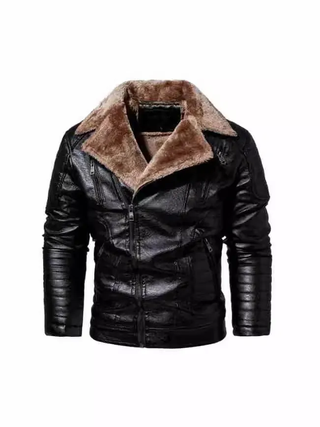 Men's Winter PU Leather Jacket Thick Faux Fur Shearling Lined Biker Jacket Lapel Collar Warm Motorcycle Coat Outerwear