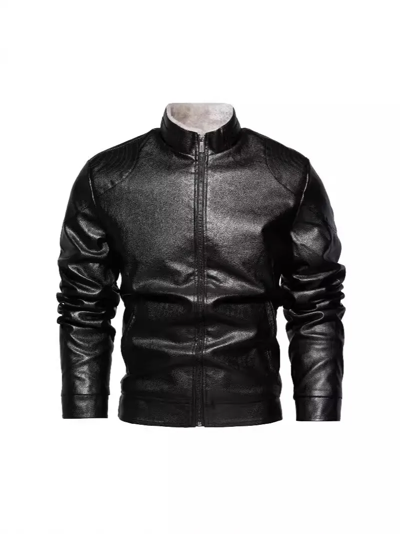 Herren Fashion Slim Fit PU Lederjacke Fleecegefüttert Motorradjacke Winter Warm Stehkragen Oberteil