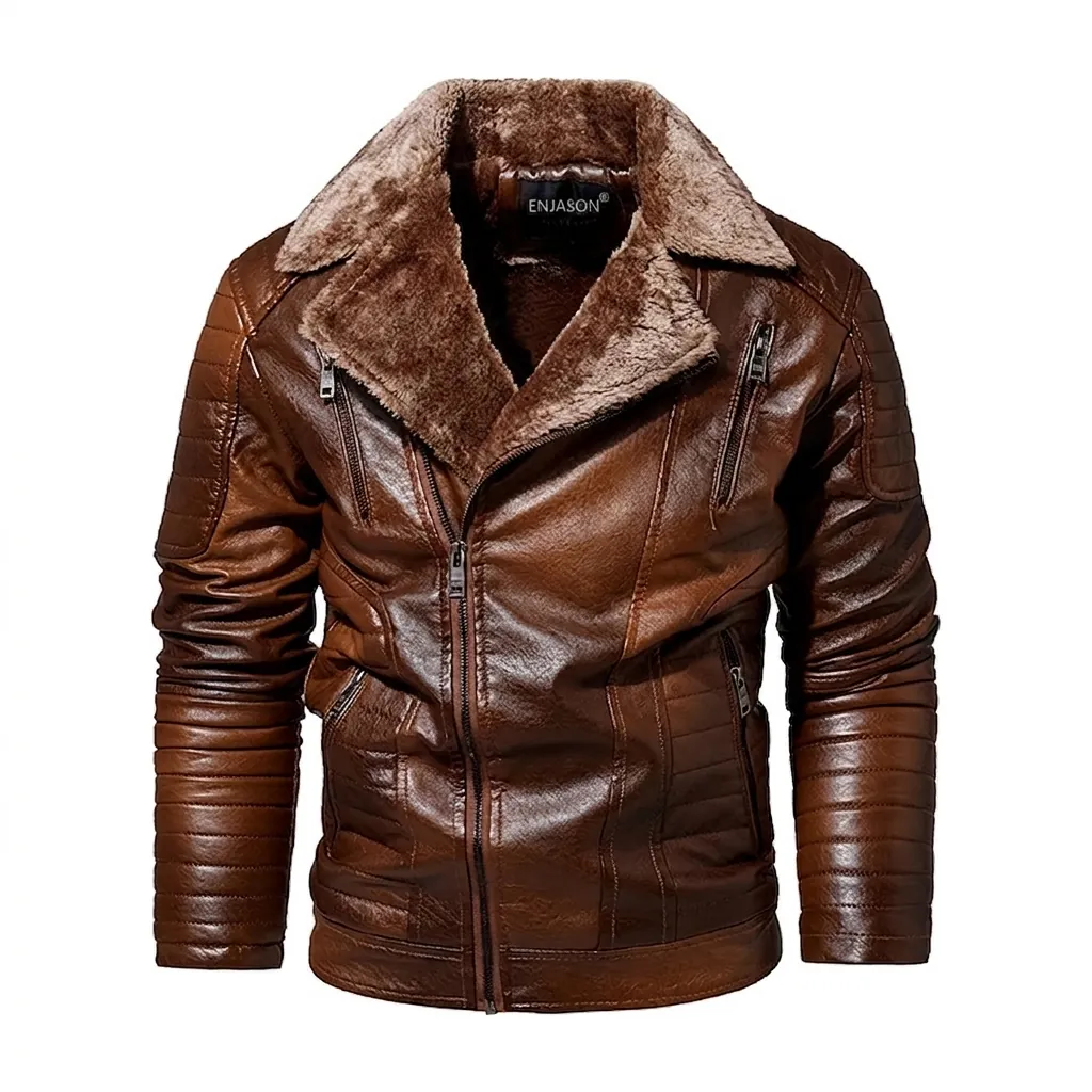 Herren Winter Fleece PU Lederjacke Biker Stil Lammfell Gefüttert Kunstpelz Kragen Warm Dicke Oberbekleidung Moto Mantel