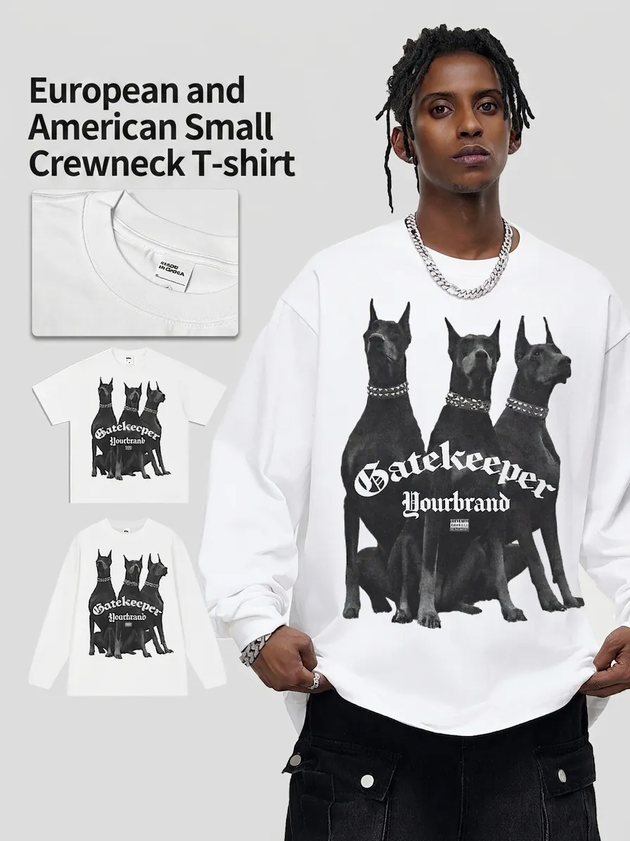 Men's American Streetwear Doberman Graphic Cotton Top Heavyweight Oversized Drop Shoulder T-Shirt Loose Fit Vintage Tee