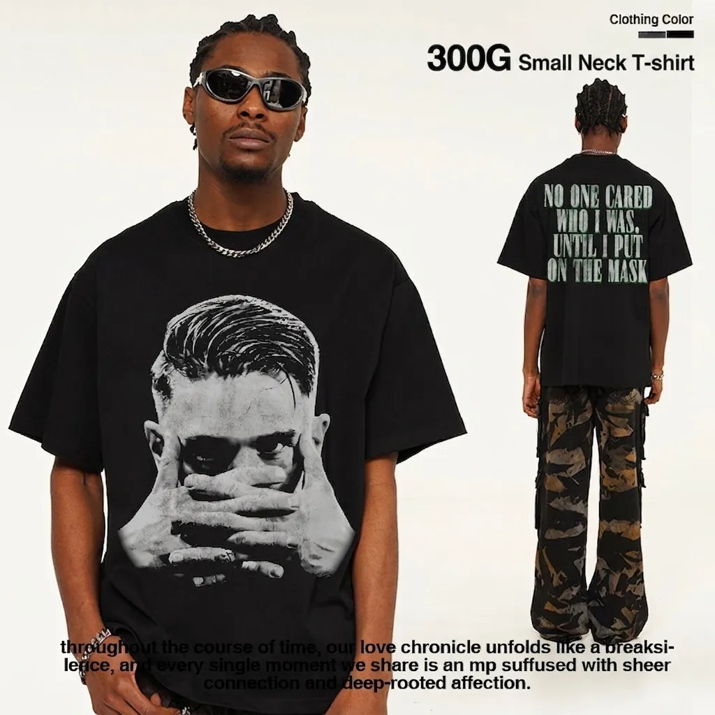 Men's American Vintage Cotton Heavyweight T-Shirt Washed Distressed Printed Figure Portrait Viktor Celebration Streetwear Top