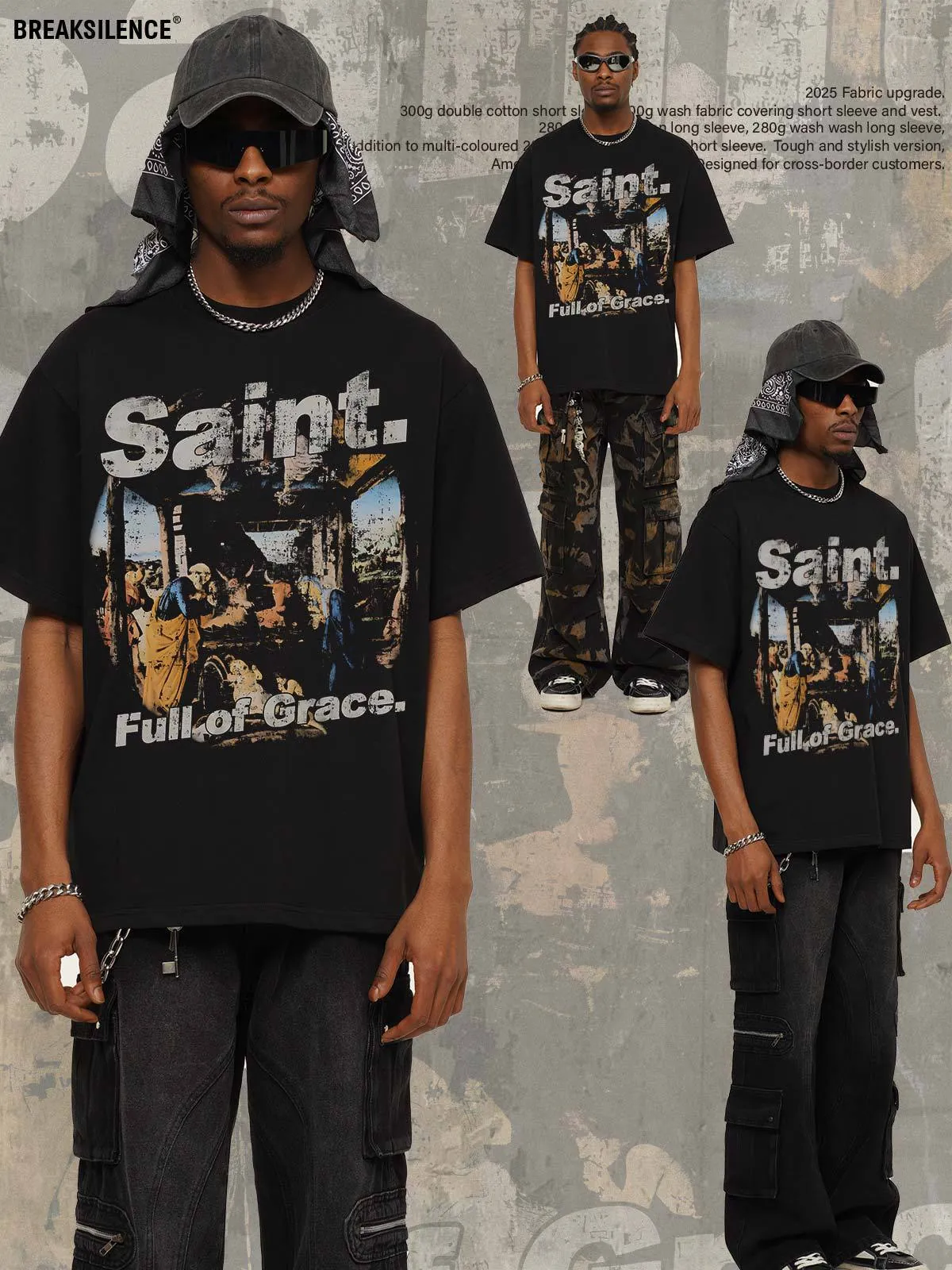 American Vintage Streetwear Mural Print Heavyweight Cotton Short Sleeve Tee For Men Retro Washed Loose Fit Casual Top