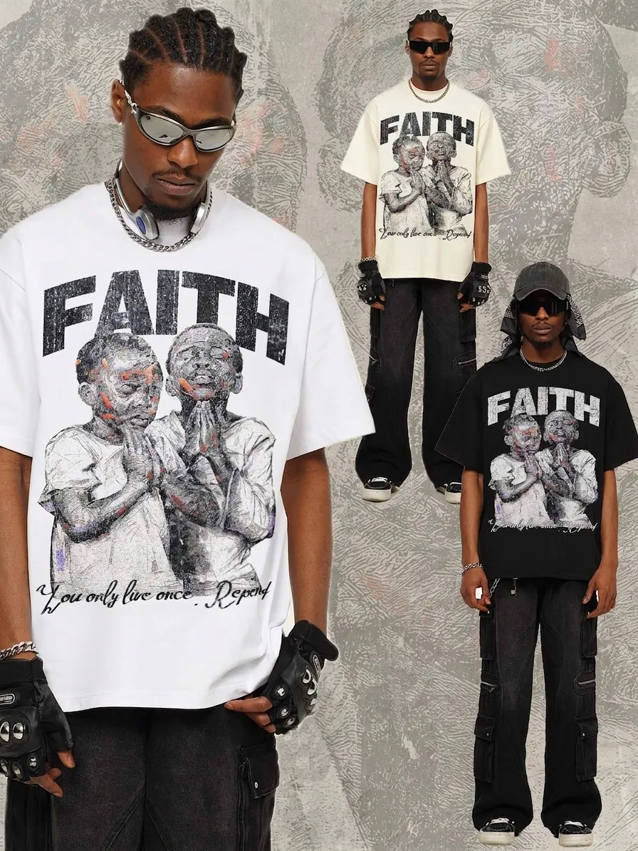 Men's Vintage Washed Distressed Cotton T-Shirt Faith Graphic Print Loose Fit Short Sleeve Top Streetwear Casual Apparel