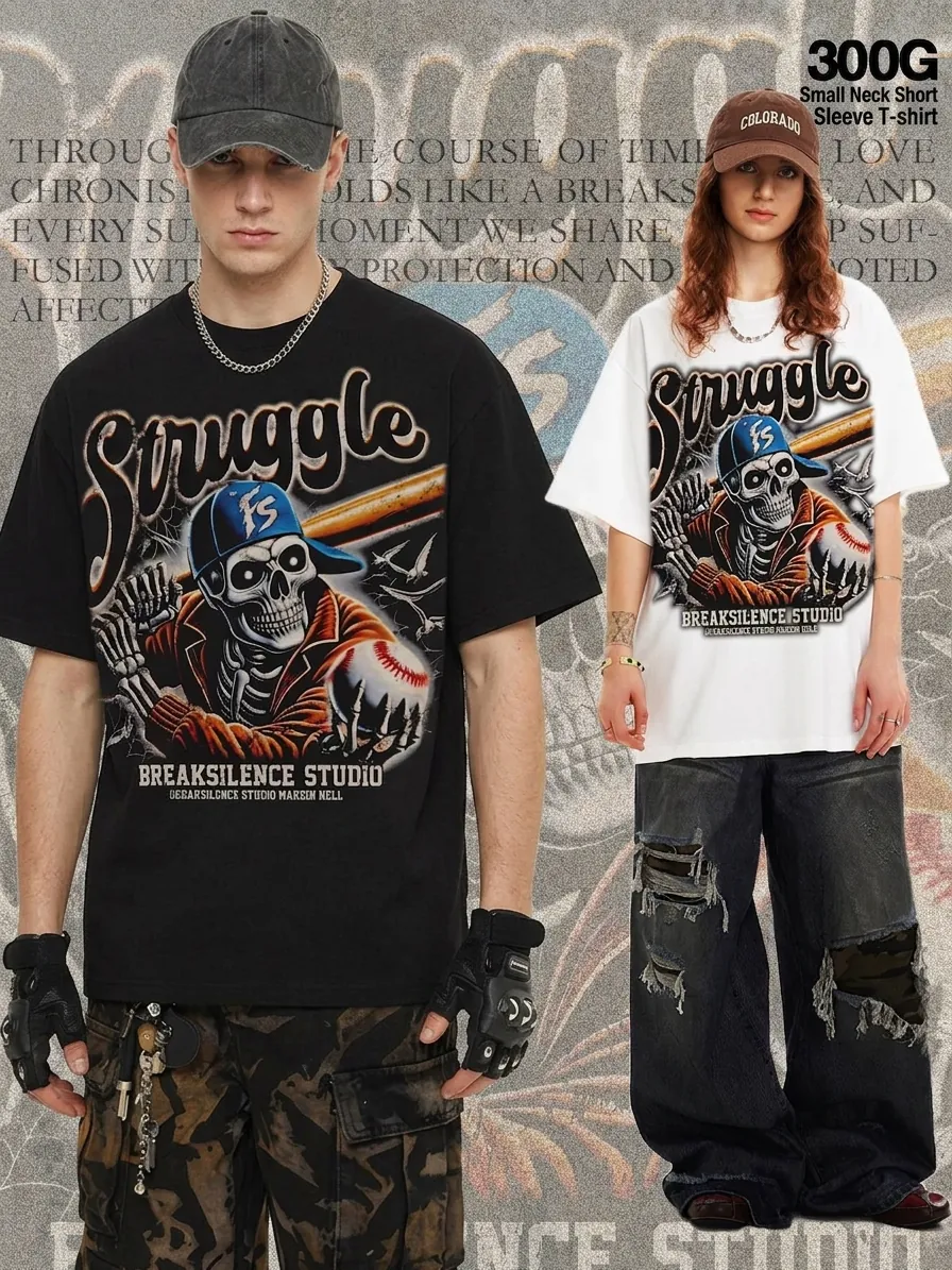 Men American Vintage High Street Oversized Crew Neck Cotton T-Shirt Heavyweight Baseball Skeleton Graphic Print Short Sleeve Top