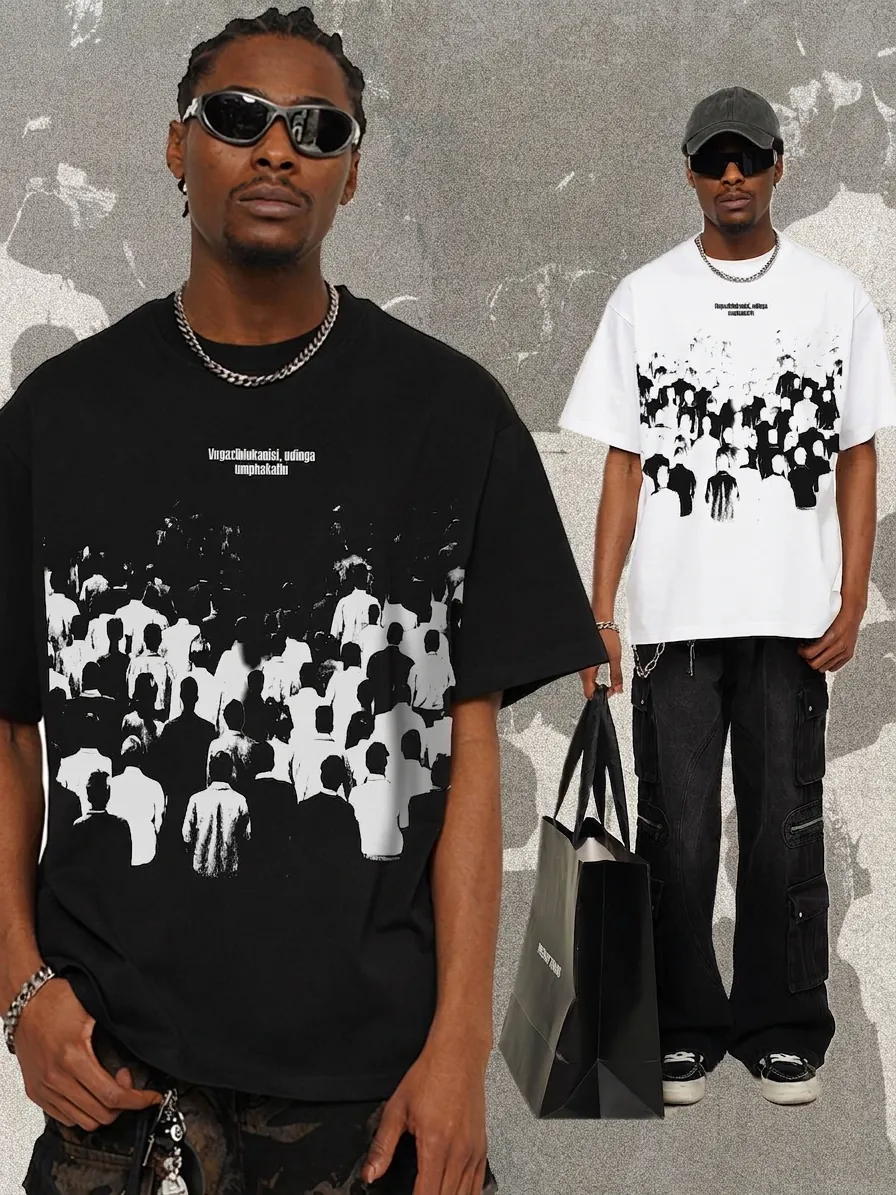 Men's American Street Heavyweight Cotton T-Shirt Abstract Graphic Print Loose Short Sleeve Top Unisex Oversized Streetwear Tee