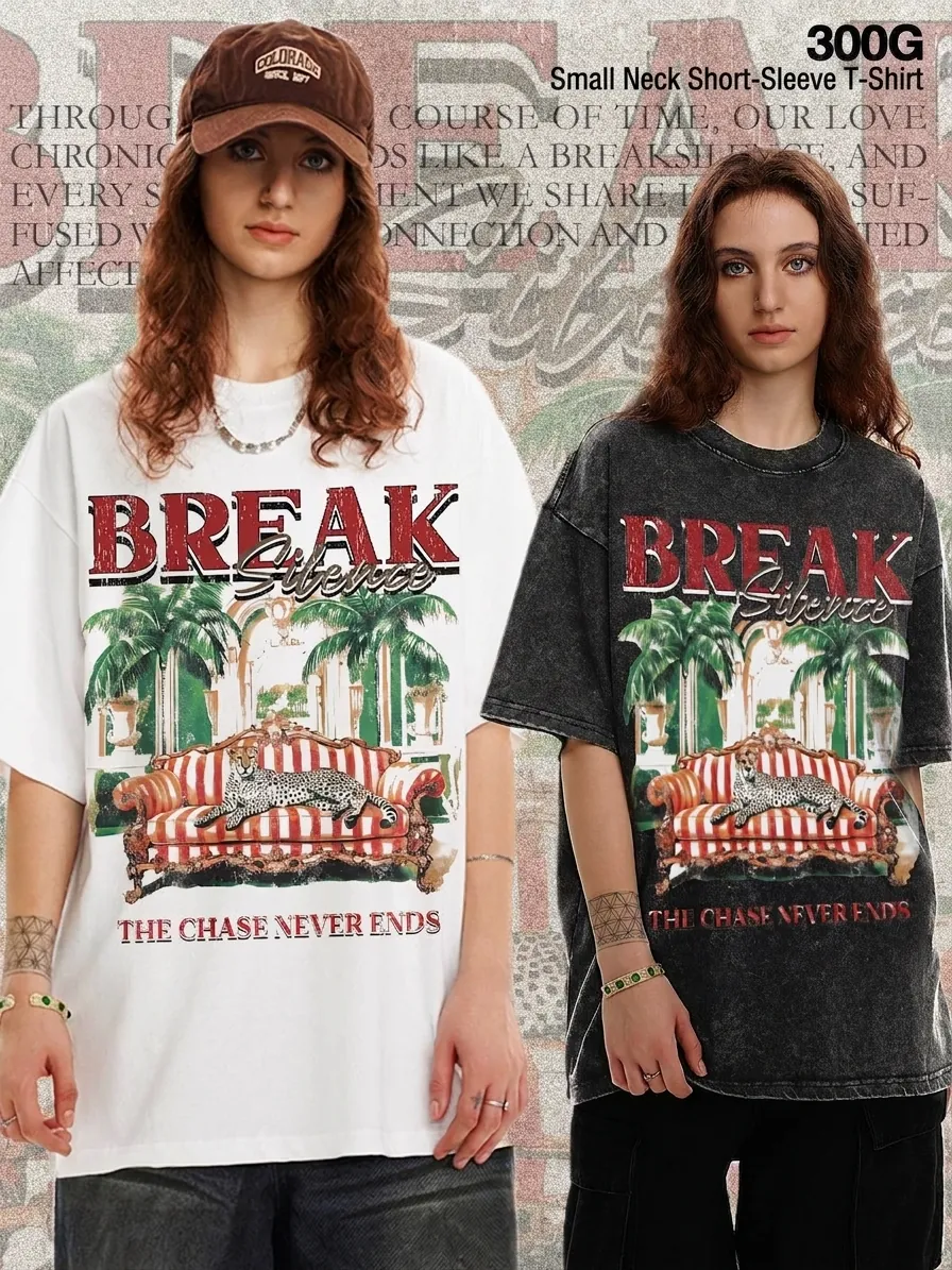 Men Heavyweight Cotton T-Shirt American Vintage Street Washed Cheetah Graphic Top Distressed Oversized Short Sleeve Tee