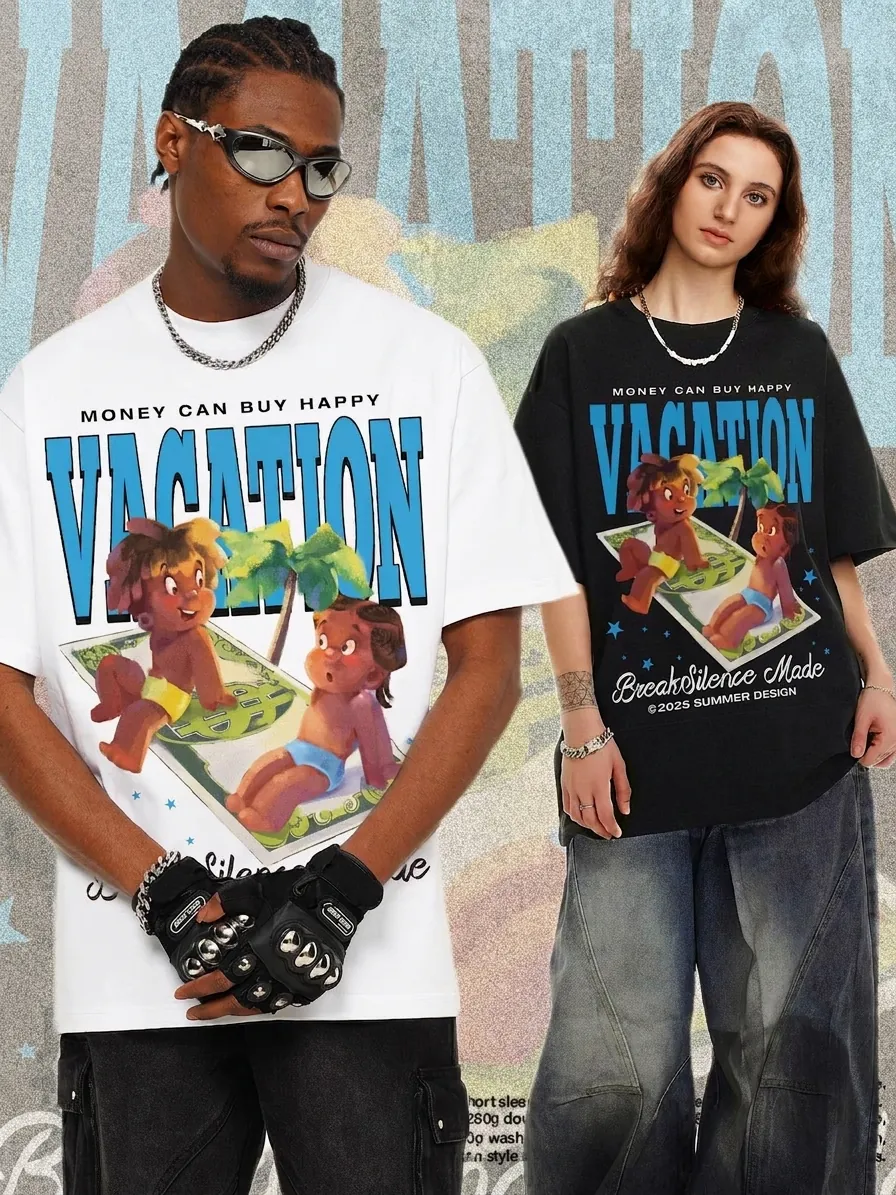 Maglietta Grafica American Illustration Vacation da Uomo Oversize in Cotone Girocollo Manica Corta Streetwear Casual