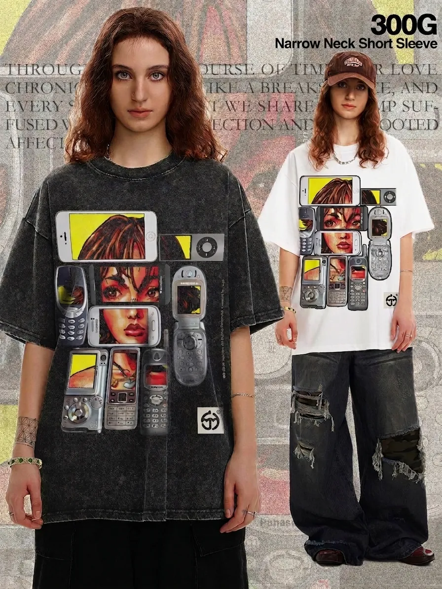 Herren Y2K Stil Schwerer Baumwolle T-Shirt Retro Anime Telefon Grafik Bedruckt Überschnittene Schultern Kurzarm Top Für Casual Streetwear