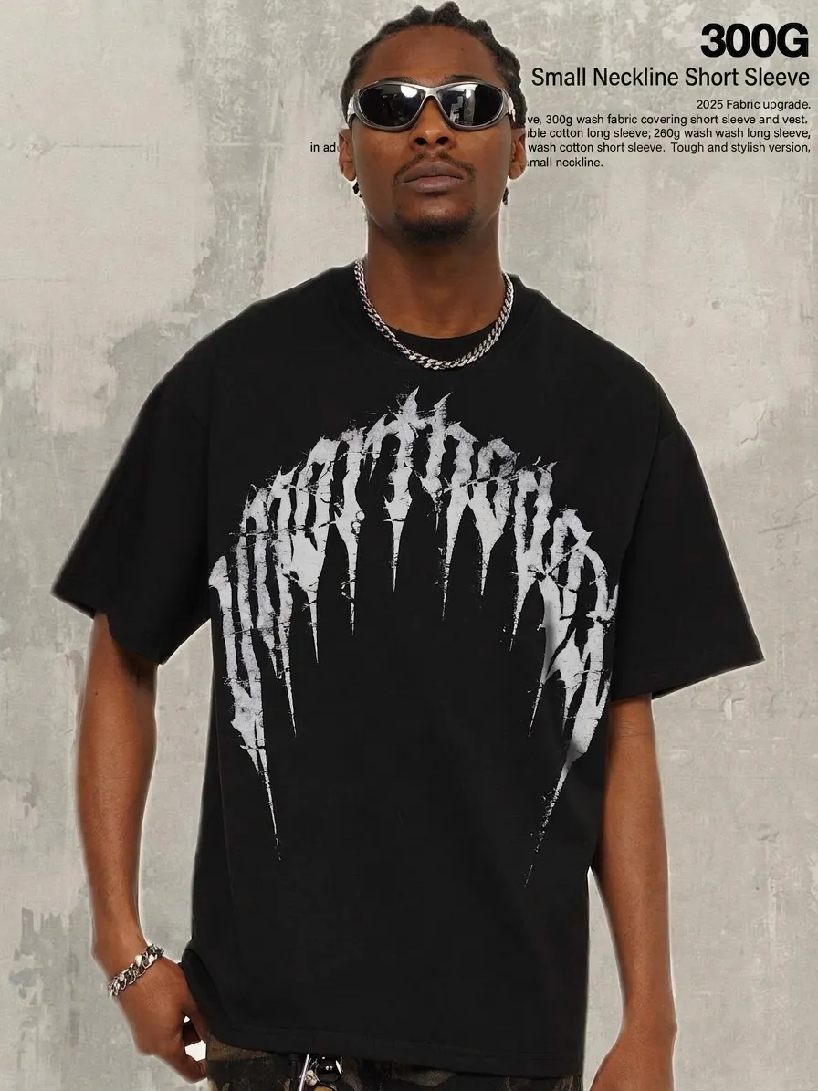 Men's American Streetwear 300G Heavyweight Cotton T-Shirt Gothic Thorn Letter Printed Loose Short Sleeve Top