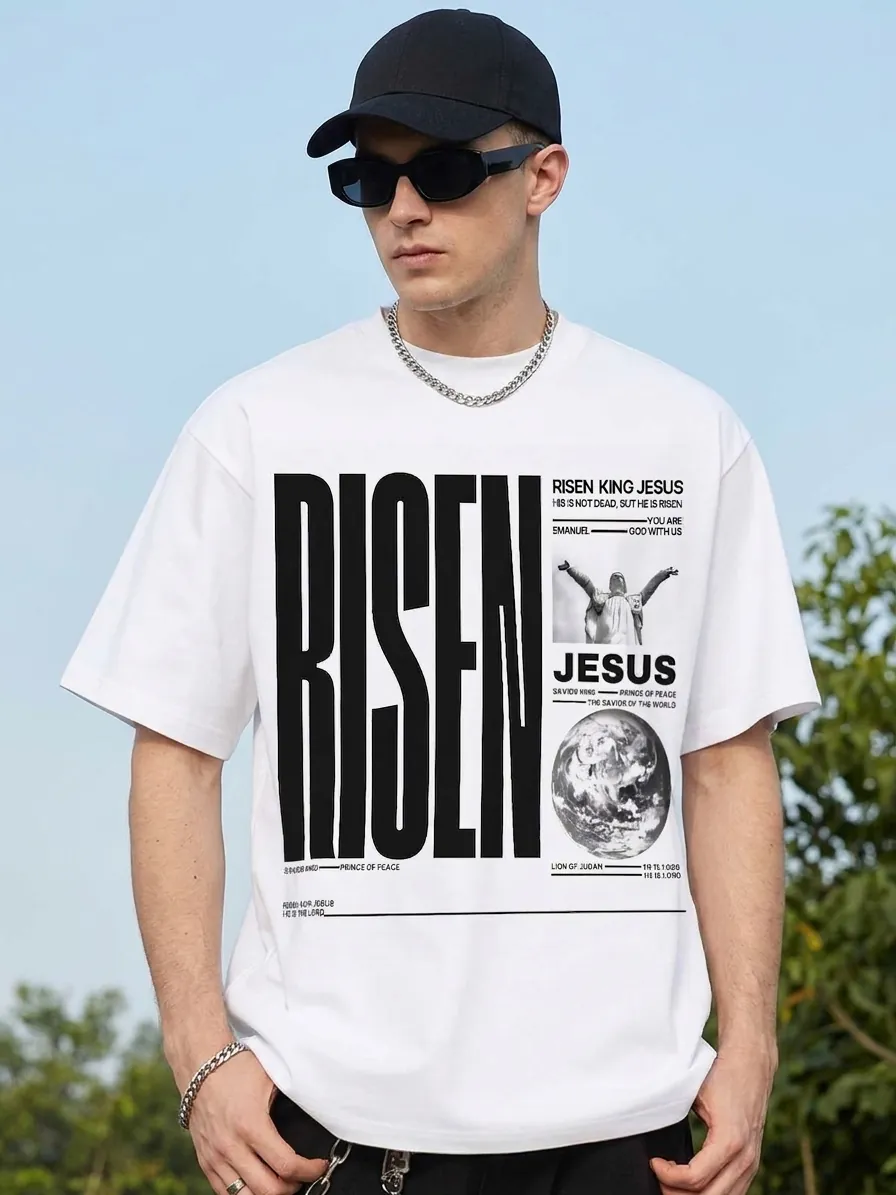 Men Heavyweight Pure Cotton T-Shirt American Streetwear Religious Graphic Print Short Sleeve Loose Top