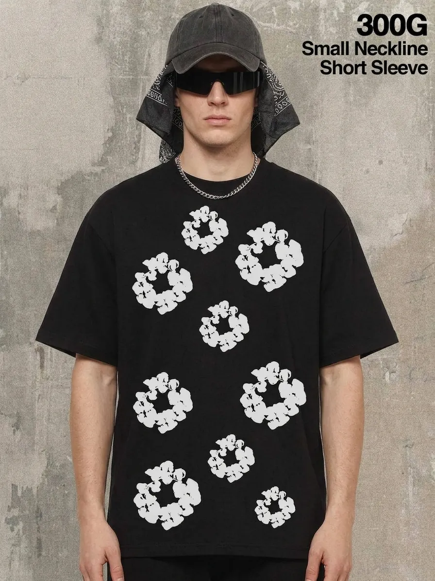 Men Heavyweight Cotton Graphic T-Shirt American Vintage Streetwear Printed Short Sleeve Top Casual Tee For Summer