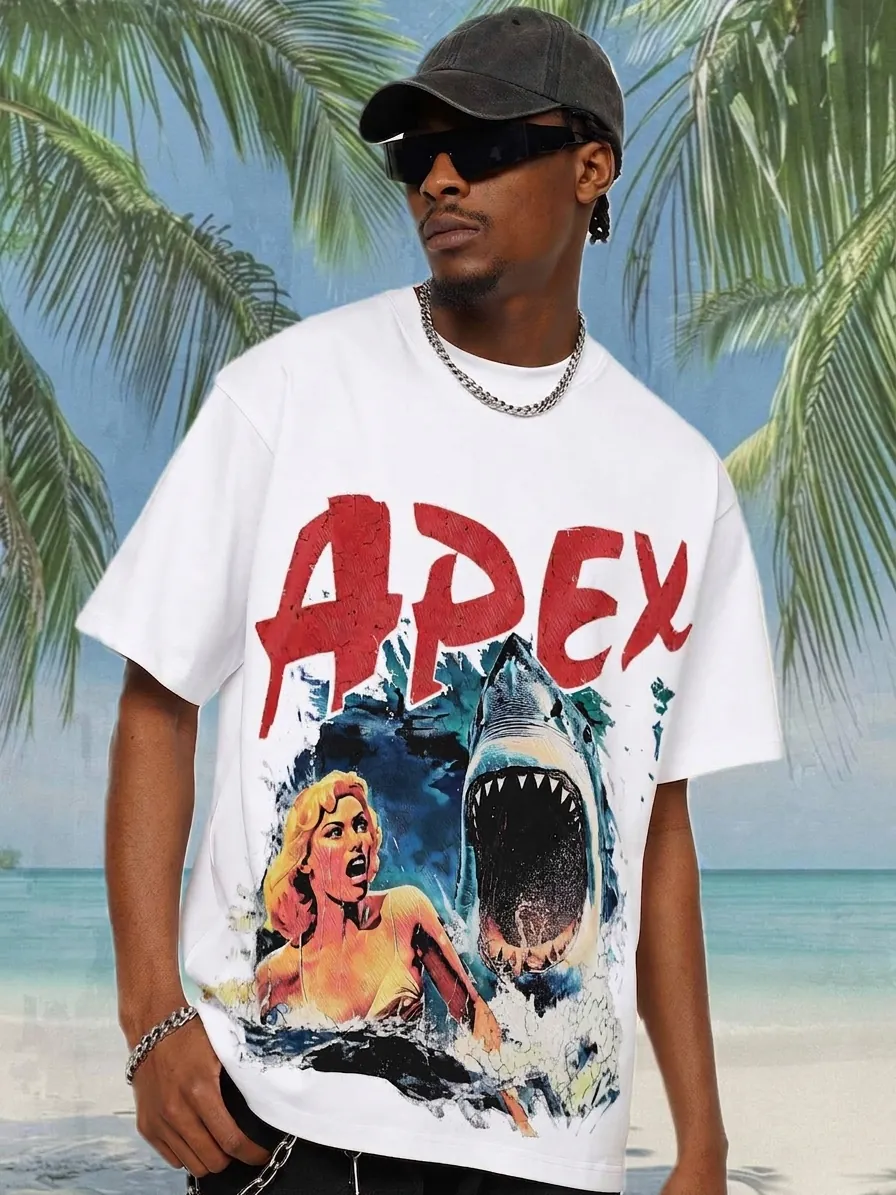 Men's American Retro Heavyweight Cotton T-Shirt Great White Shark Movie Poster Washed Breathable Short Sleeve Top