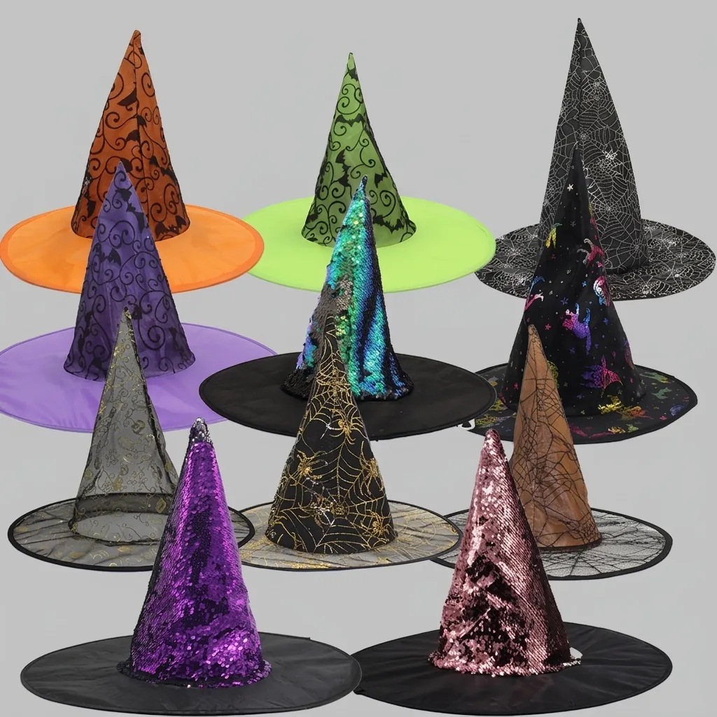 Oxford Cloth Halloween Witch Hat Wizard Hat Sequin Spider Web Pattern For Masquerade Party Costume Accessories