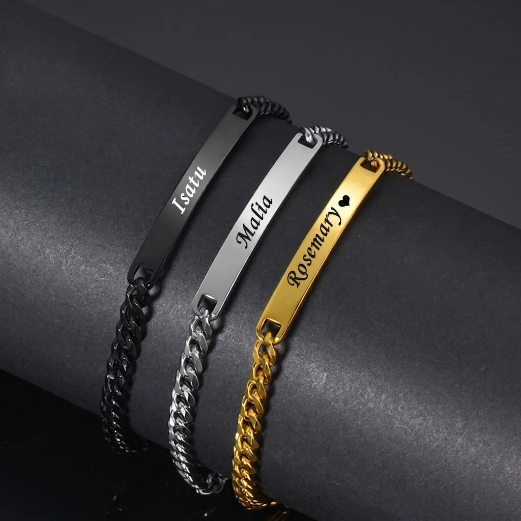 Minimalist Stainless Steel Curb Chain ID Bracelet For Men Women Polished Blank Bar Plate Metal Link Bracelet Daily Fashion Jewelry Gift