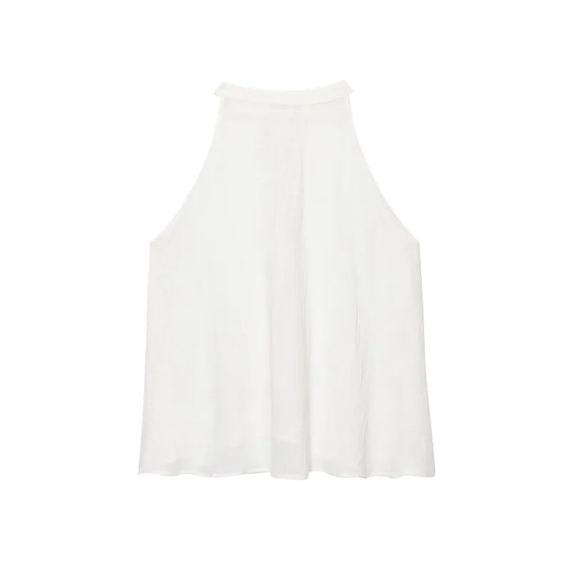 Women White Halter Neck Top And Midi Skirt Set Elegant Solid Color Polyester Woven Minimalist Casual Vacation Outfit