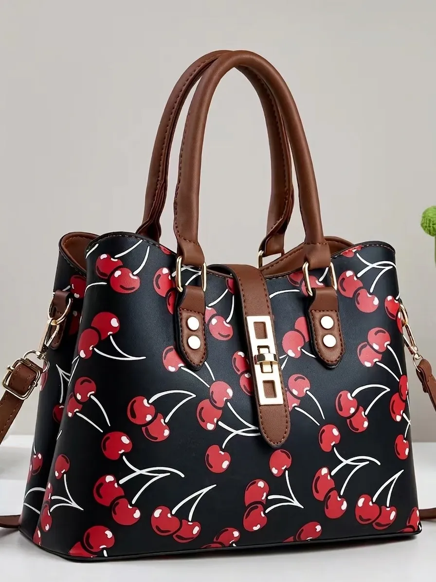Women Retro Cherry Print PU Leather Top Handle Bag Fashionable Large Capacity Crossbody Shoulder Bag With Gold Hardware