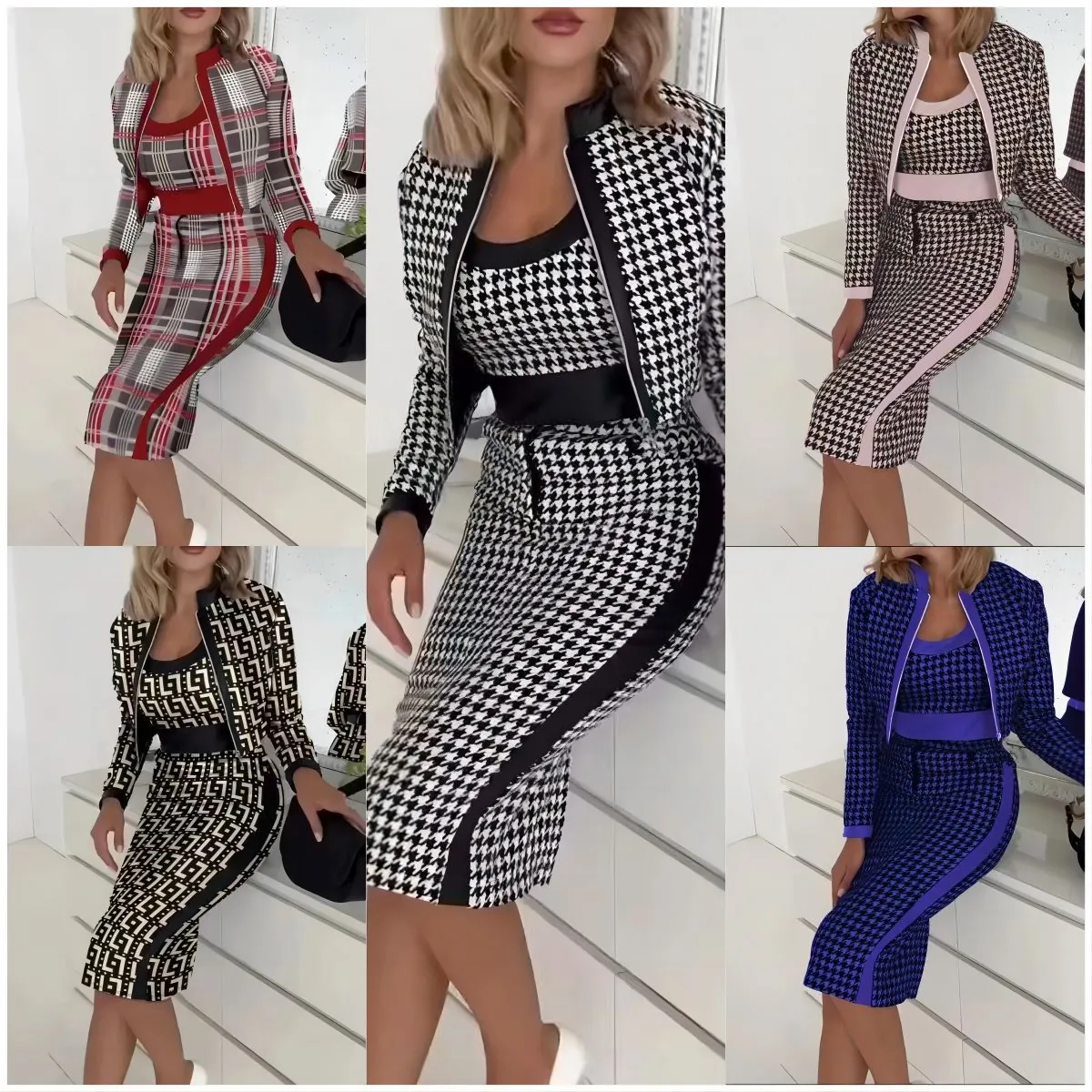 Women Casual Three Piece Set Printed Long Sleeve Jacket Slim Vest And Bodycon Midi Skirt Top And Bottom Elegant Skirt Suit