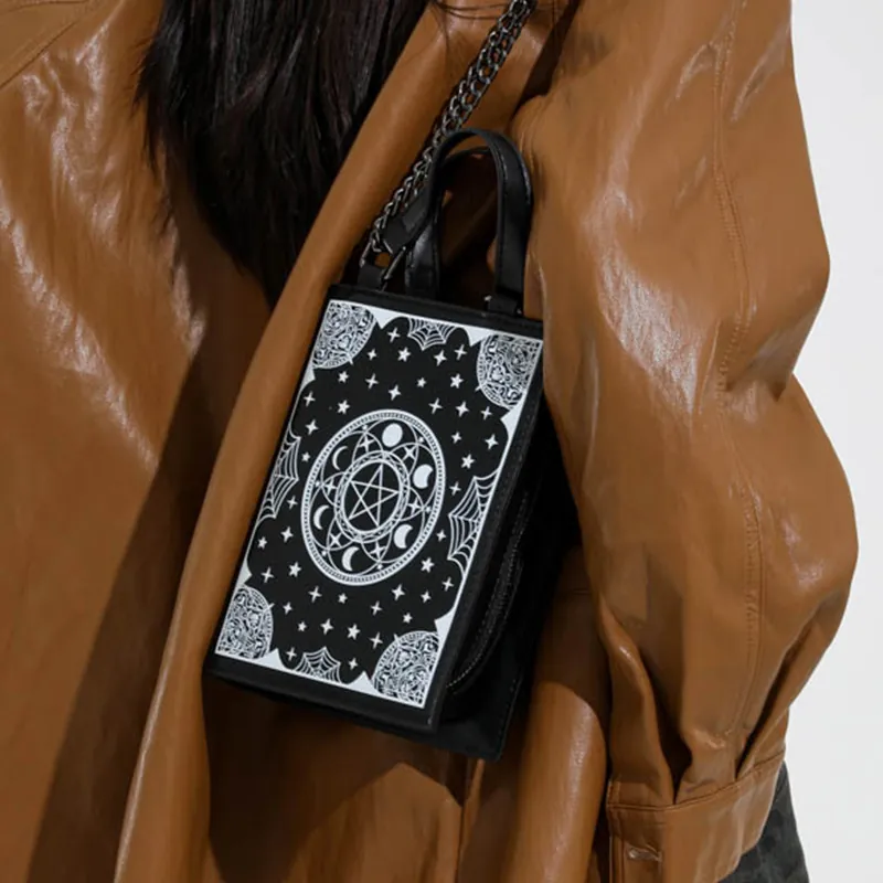 Niche Gothic Style Book Shaped Crossbody Bag For Women Mystery Occult Printed PU Leather Shoulder Bag Halloween Party Handbag