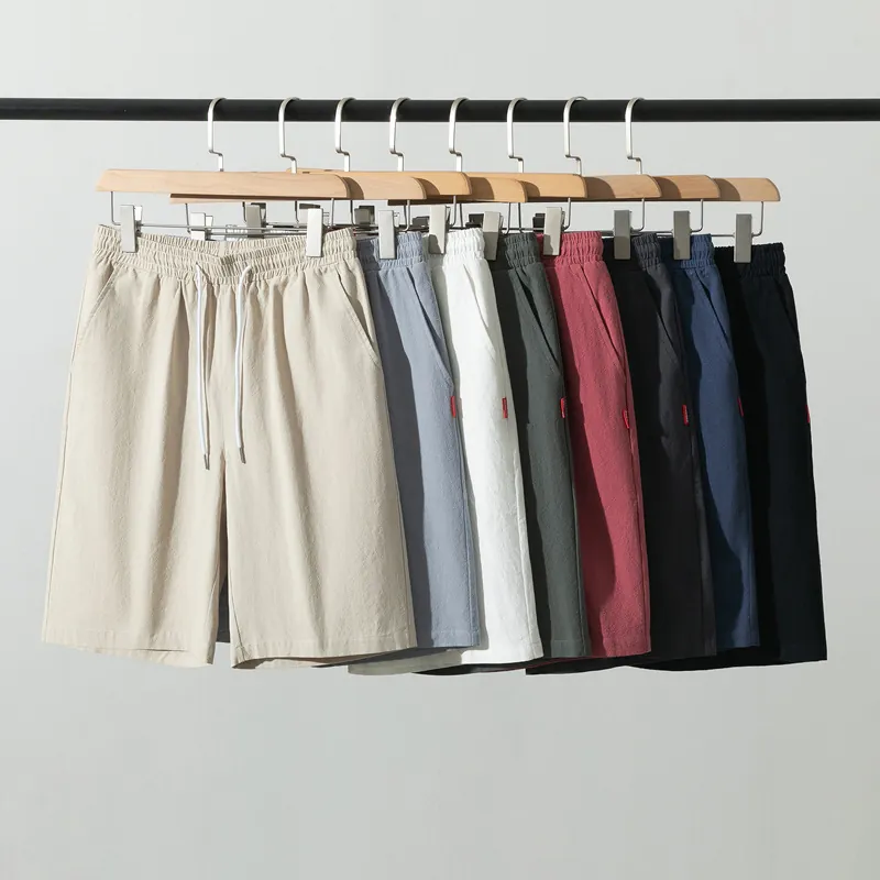 Short en Coton de Style Chinois pour Hommes Été Mince Coupe Droite Cordon de Serrage Taille Élastique Décontracté Plage Bas pour Hommes